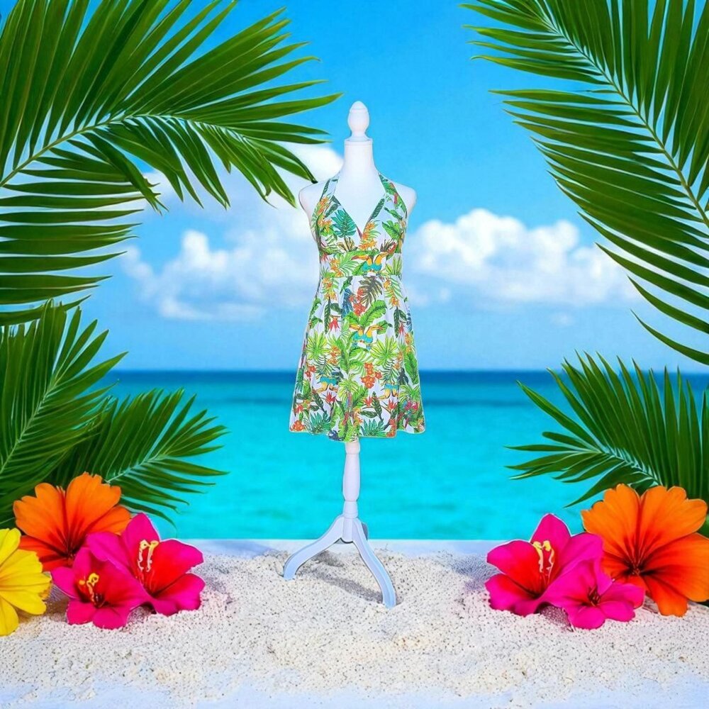 VTG 1970s Halter Sundress Smocked Zippered Back Aloha Hawaiian Parrots 4 or P